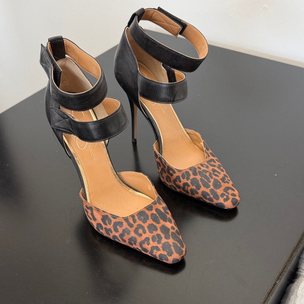 Jessica Simpson Leopard Print Pointed Toe Ankle-Strap Heels - Black & Brown